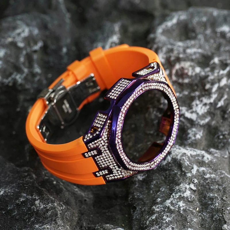 Black Rose gold Purple FUll diamond CASIOAK GA2100 GA2110 5A zirconia Watch Case mod kits bracelet with rubber strap set