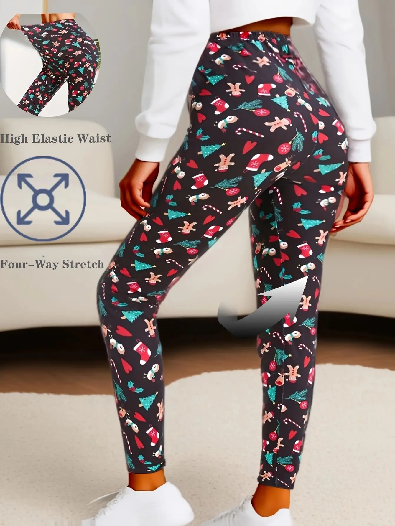 CUHAKCI Christmas Themed Brushed Fashionable Stretch Sports Leggings Tight Fitting Elegant Sexy Women\'s Pencil Pants