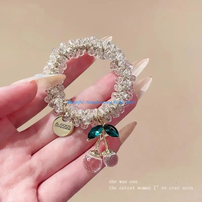 

E56A Cherry Metal Rhinestoned Hair Tie Bracelet Fashionable Adjustable Hair Band Wristband Bangle for Women Girls Lady