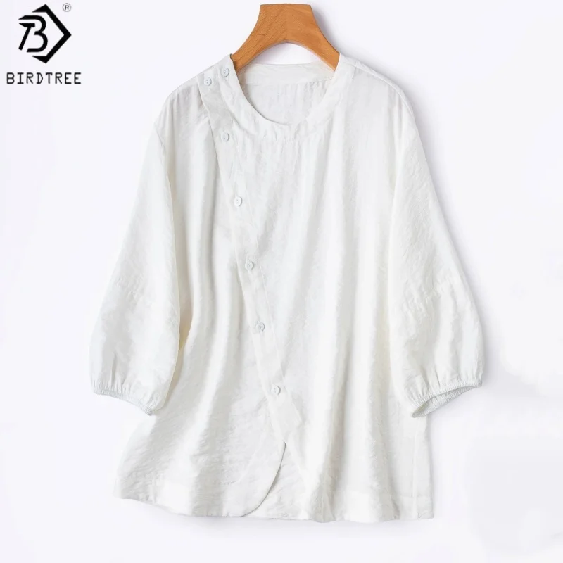 Birdtree, 78% Silk 22% Nylon Blouse, Lantern Sleeve O-neck Shirt, Women Dry Silk Slanted Placket Tops, 2026 Summer New T66412JF
