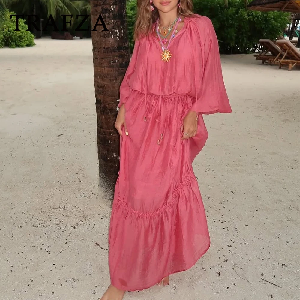 

TRAFZA Casual Lace-up Woman Suit Folds V-Neck Short Shirt+Draped Midi Long Skirt Chic Fashion 2025 Spring Female Holiday Sets