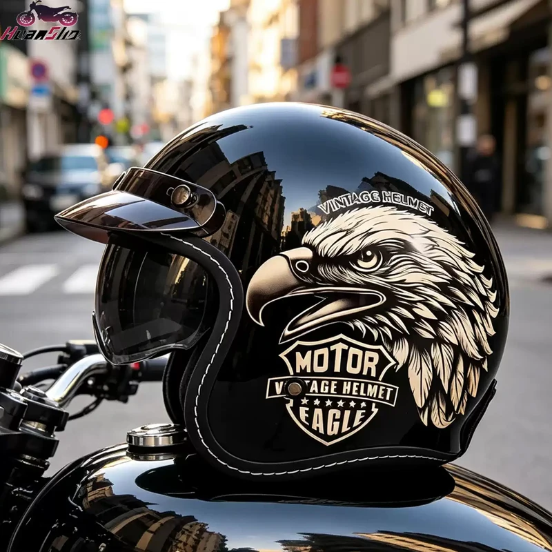 Version export : Casque de moto certifié 3C, casque ouvert rétro 3/4 pour hommes et femmes, toutes saisons, scooter et moto cruiser