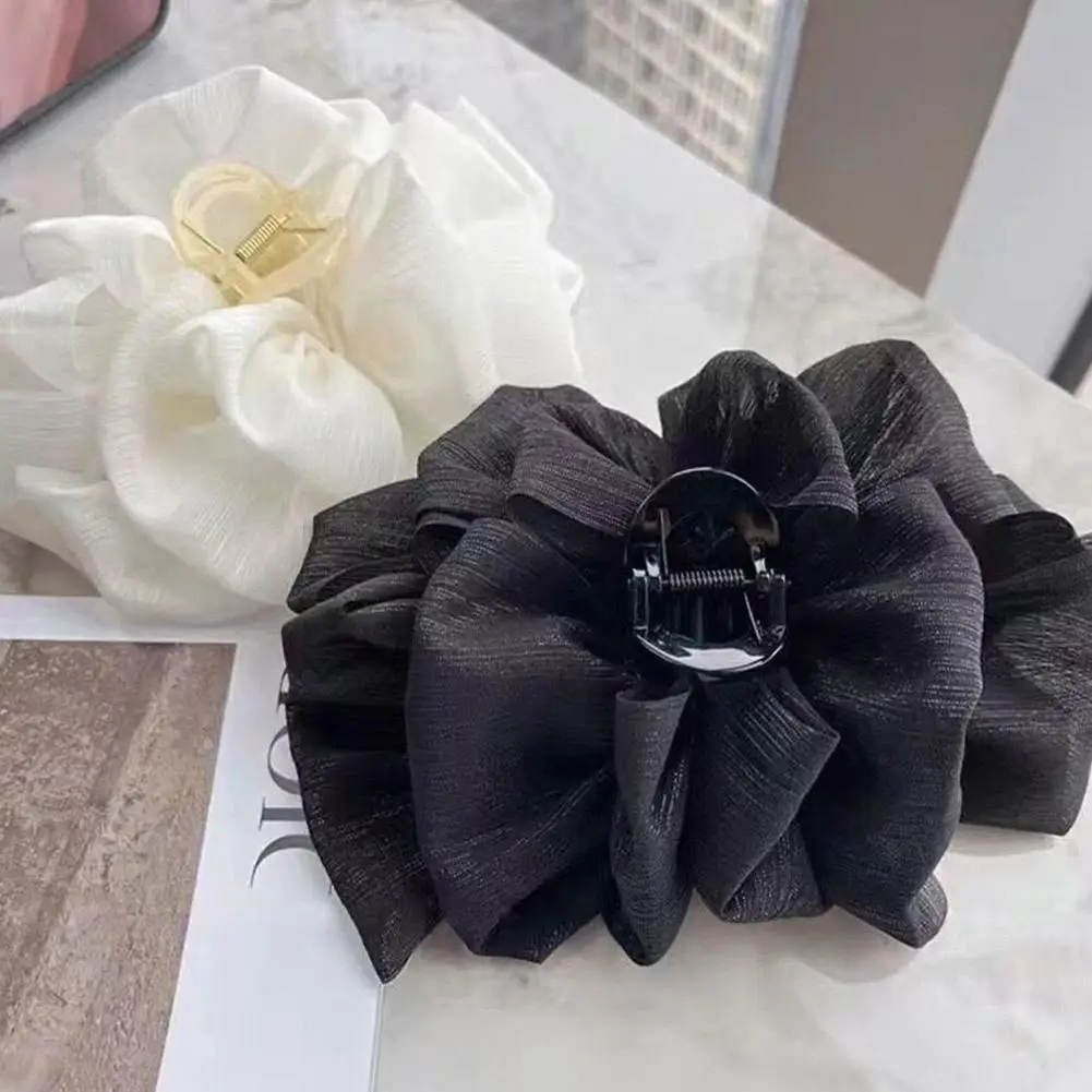 Sweet Mesh Bow Hair Claw Clip Fairy Cloud Tulle Fabric Black Beige Double Sided Ponytail Holder Women Elegant Fashion Accessory