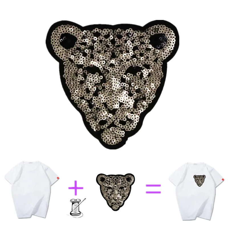 Clothing Women Shirt Top Diy Leopard head Patch Sequins deal with it T-shirt girls Sew on Patches for clothes Stickers