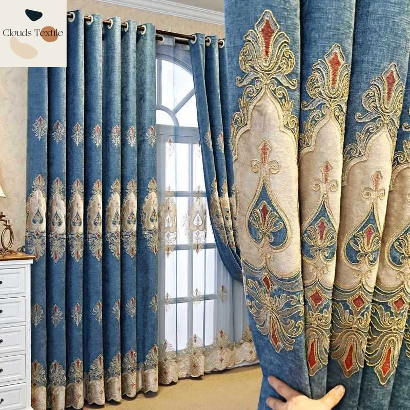 

Luxurious European Embroidered Chenille Thickened Curtains for Living Dining Room Bedroom Shading Simple Modern