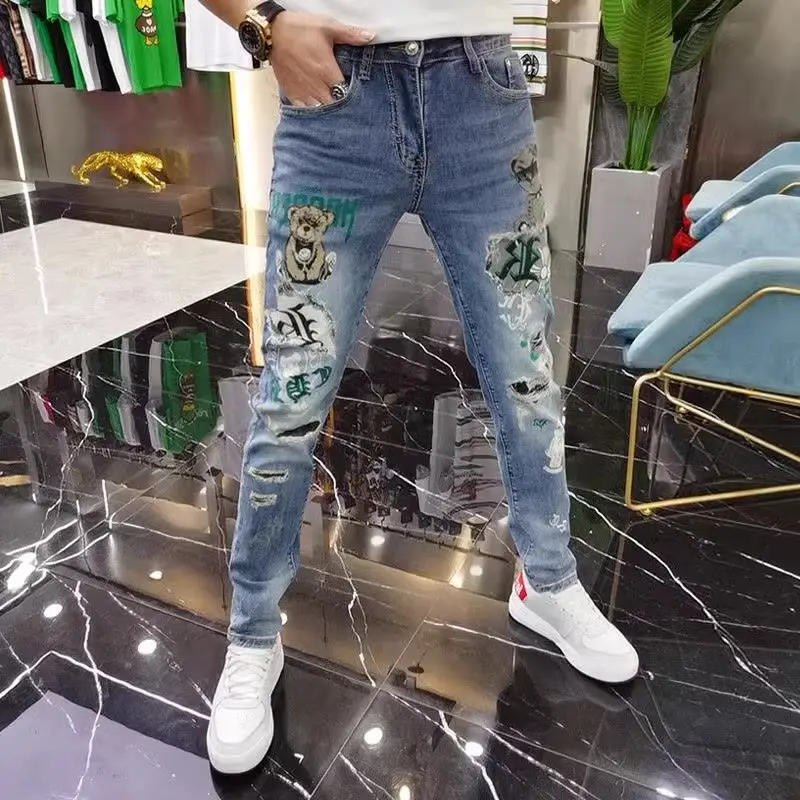 Jeans jeans estilo coreano masculino, calças estampa urso, calças de luxo Kpop roupas de grife de luxo, moda, primavera, outono, novas