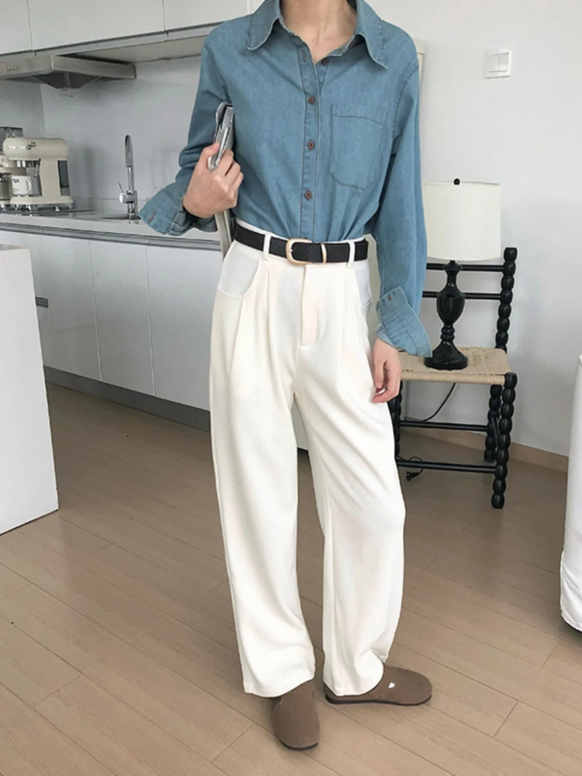 

Брюки Muanai с высокой талией, облегающие, на флисовой подкладке, широкие штанины, белые, осенне-зимние, повседневные, для женщин