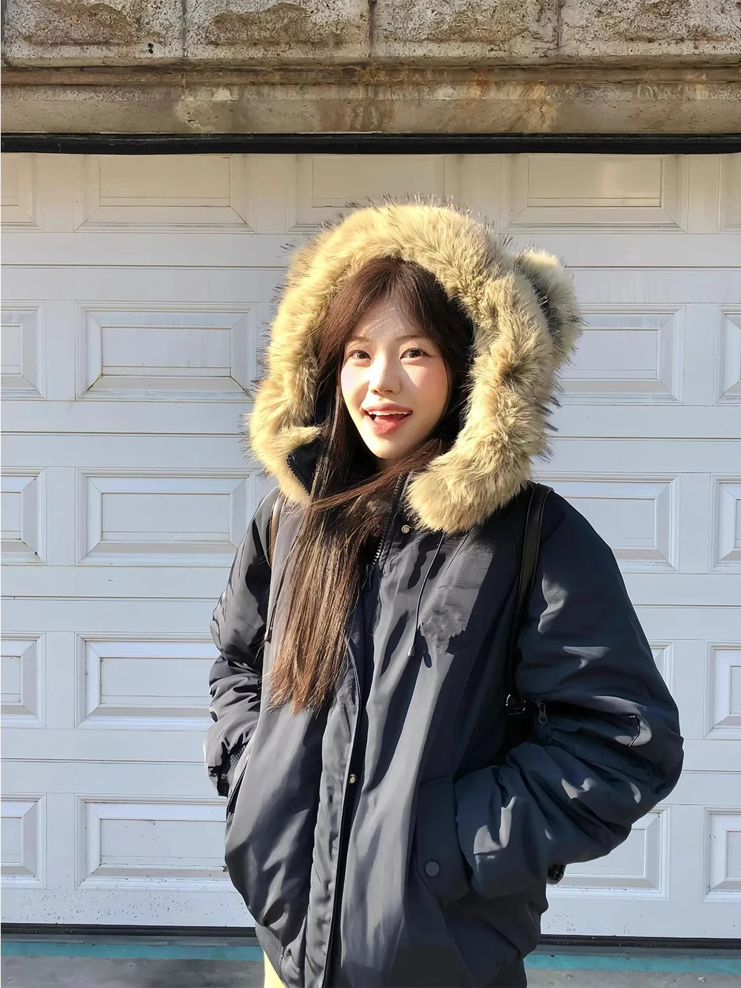 

Thickened Winter Jacket Women's Street Style Bear Hooded Parka down Cotton Coat with Fur Collar Couples Warm Dark Blue Coat