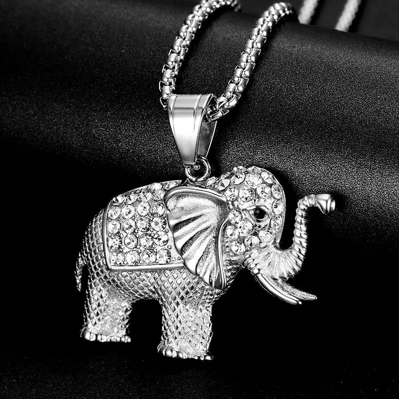 Megin D Stainless Steel Titanium Zircon Lucky Animal Elephant Pendant Collar Chains Necklace for Men Women Couple Hip Hop Jewel