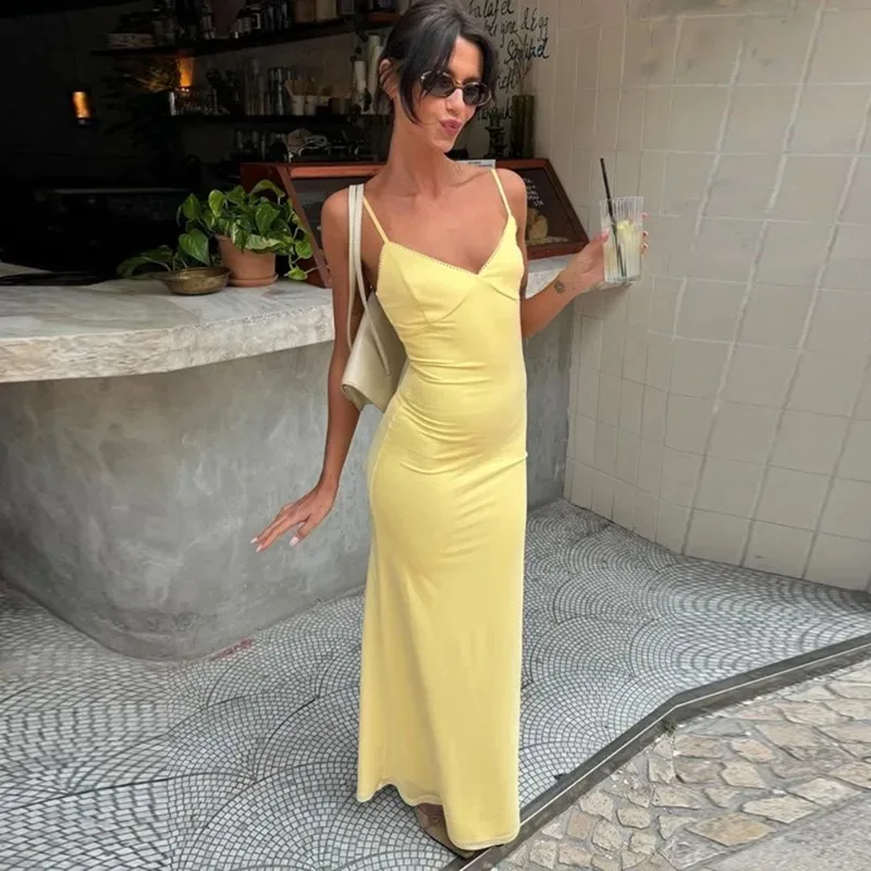 

Talenza Summer V Neck Long Dresses Women Sexy Spaghetti Straps Backless Slim Solid Long Dresses Beach Vacation Female Dress 2025