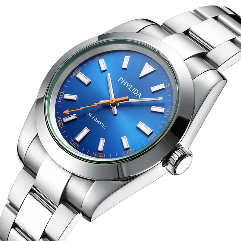 PHYLIDA 39 мм автоматические механические роскошные повседневные часы с синим циферблатом и оранжевыми стрелками, классические, без даты, 100 м WR