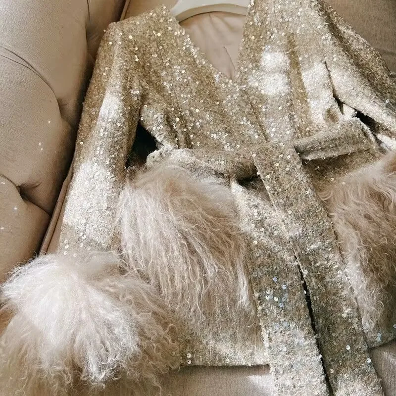 Women Bling Gold 2024 Cardigans Long Sleeve Embellish Knit Coat Outerwear Loose Korea v-neck fur coat Open Stitch Lady