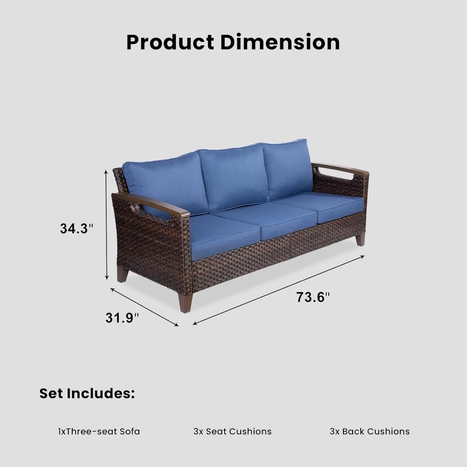 Patio Wicker Sofa, Furniture Steel Frame with Metal Armrests and Deep Seat, Outdoor Sectional Couch with High Back