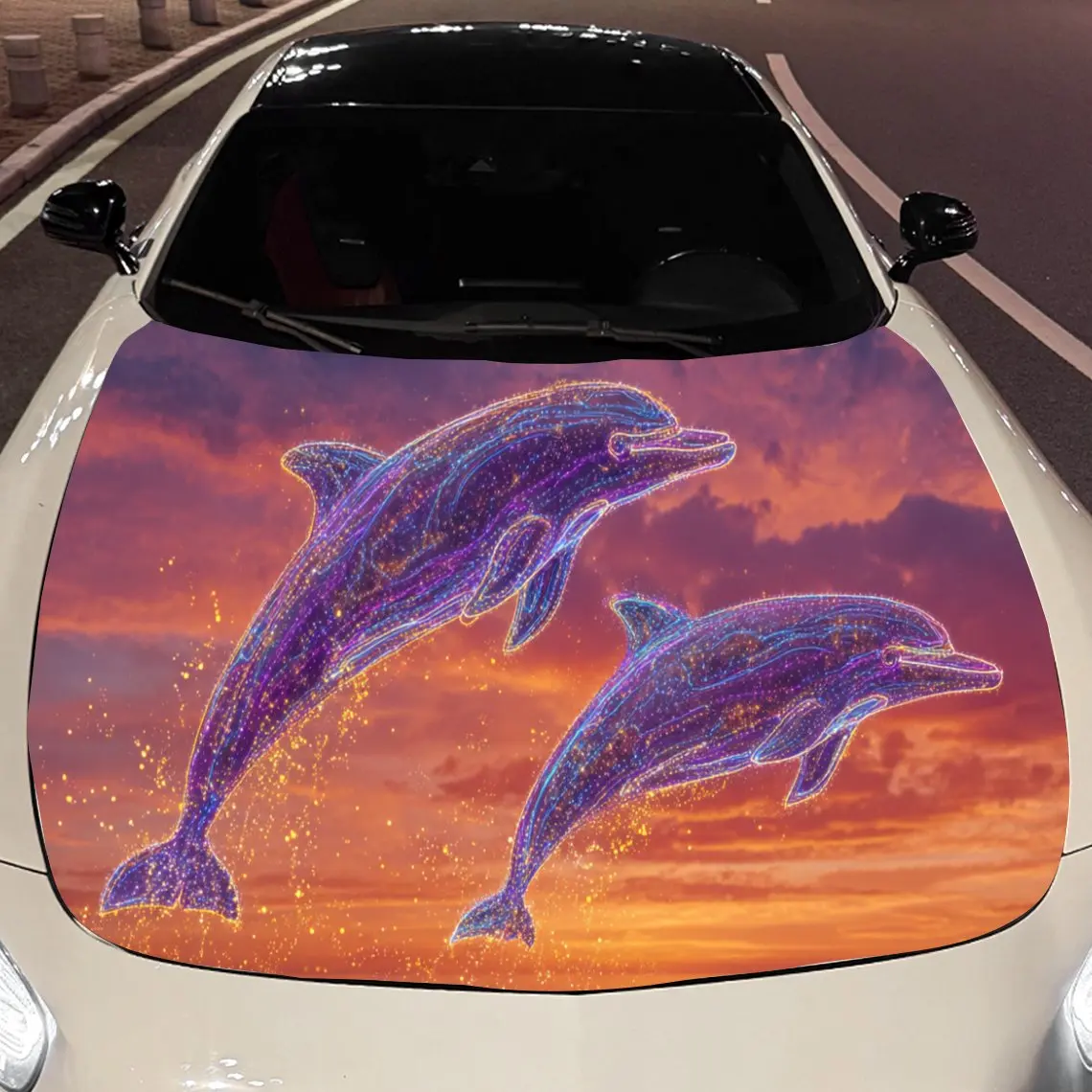 

Peaceful Sunset Dolphin Car Hood Stickers - Self-Adhesive, Waterproof and Durable Vinyl Wrap, Decorate And Protect Your Car, Fit