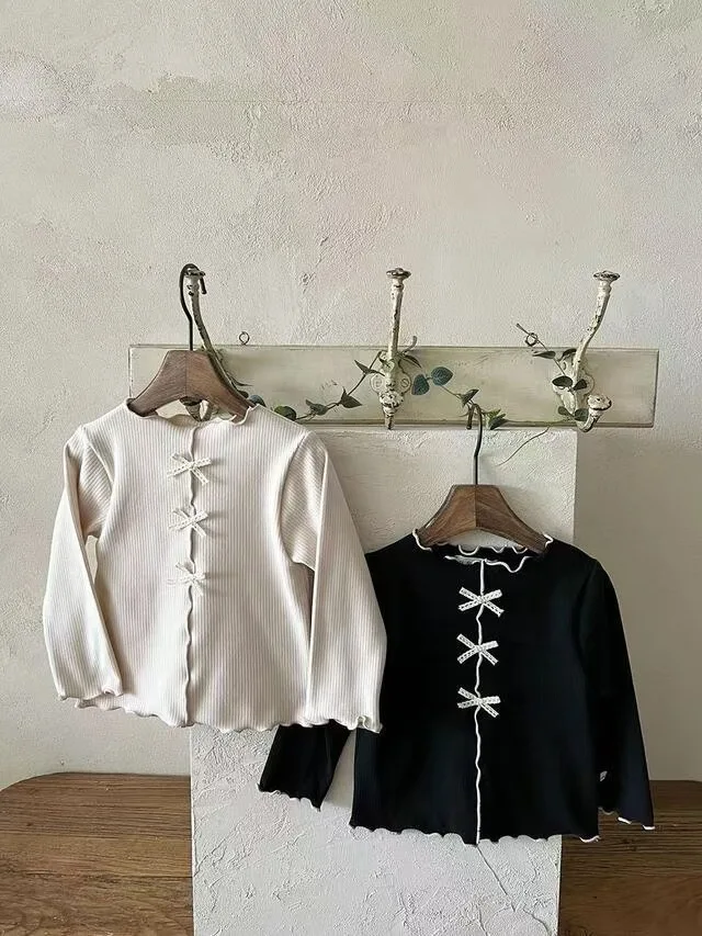 2025 Autumn New Baby Long Sleeve T Shirts Solid Girls Cute Bow Cotton Bottoming Shirts Infant Ribbed Tops Children Clothes