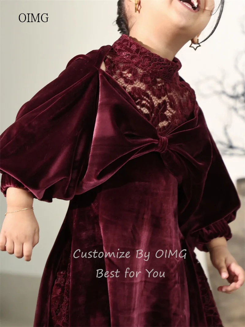 OIMG Burgundy Lace High Neck A Line Flower Girl Dresses Lantern Sleeves Bow Wedding Gown Floor Length Party Dress Customized