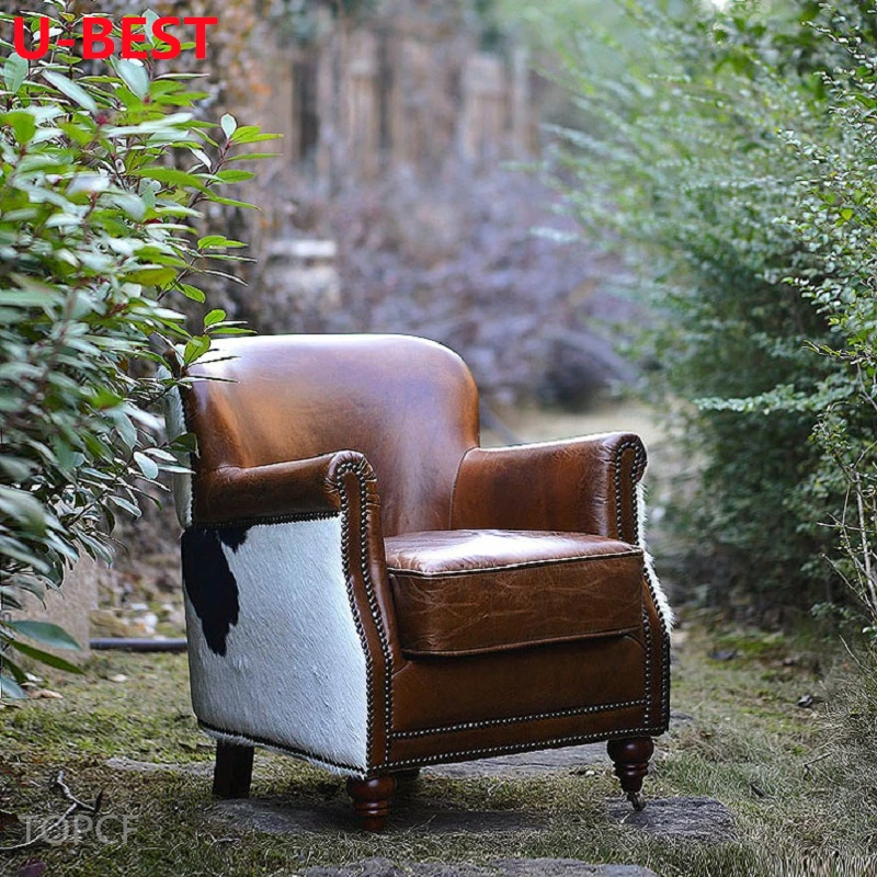 

American Style Tiger Chair Black And White Cow Leather Sofa Chair Vintage Living Room Leather Office Chair Villa Cigar Store