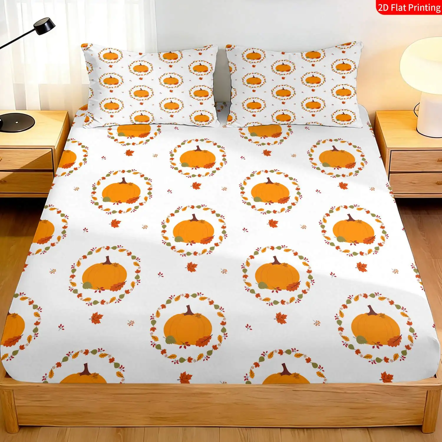 Printed Fitted Sheet, Classic Autumn Style, Thanksgiving Theme, Bedding, Pumpkin Wreath, Maple Leaf Print, Bedroom Decoration Three-Piece Bedding Set (Includes 1 Fitted Sheet + 2 Pillowcases), 3-Piece Set, Deep Pocket Bedding Protector, Fitted Sheet Style, Protective Cover, Mattress Protector, Machine Washable Design, Holiday Decoration, Various Sizes, Breathable Protective Cover Plus Pillowcase