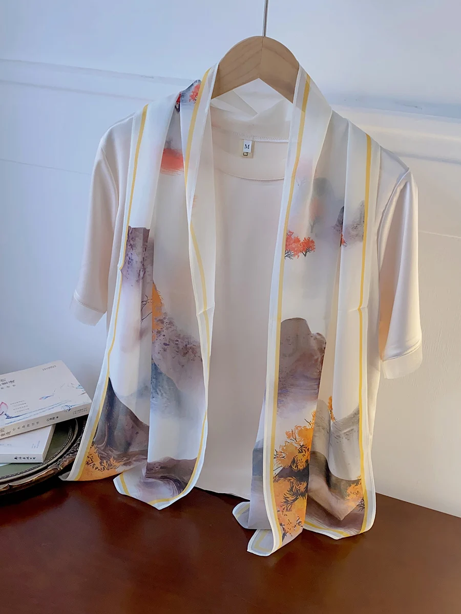 Szalik damski z cienkiej żorżety na wiosnę i jesień 2025, chiński wzór kwiatowy, uniwersalny długi prostokątny szal podróżny.