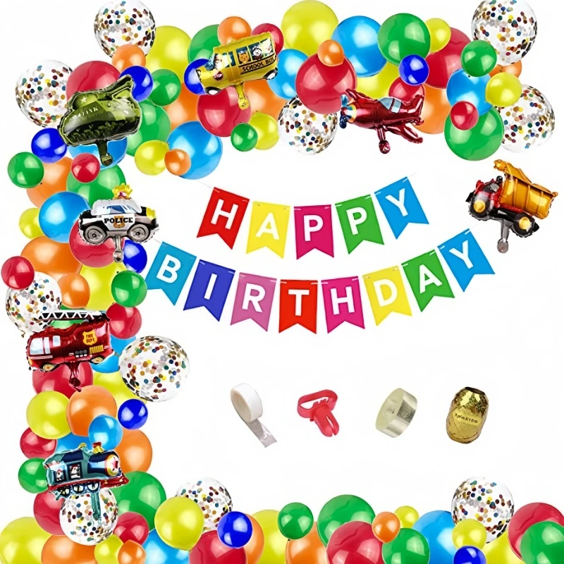 95Pcs A Set of Transportation Themed balloon Wreath Set, Boys Engineering Vehicles Fire Trucks Themed Birthday Party Decorations