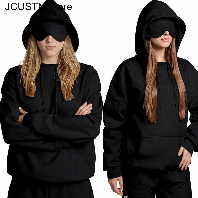 오버사이즈 후드 스웨트셔츠 여성용 아이 마스크 포함 단색 루즈 캐주얼 후디 스포츠 러닝 플러스 사이즈 스웨트셔츠 풀오버