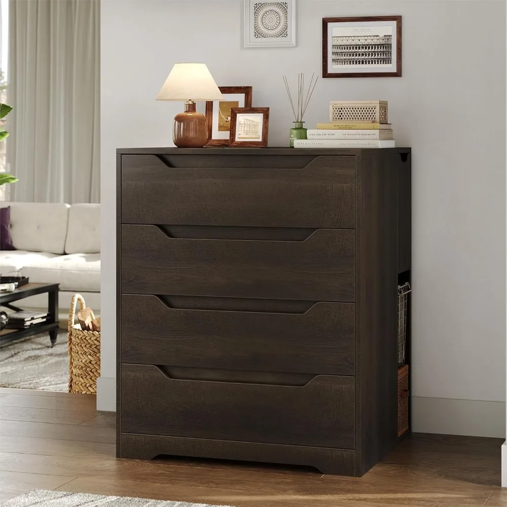 

4 Drawer Dresser for Bedroom, Modern Chest of Drawers with 2 Cubbies, Wood Storage Dresser Chest with Cut-Out Handles