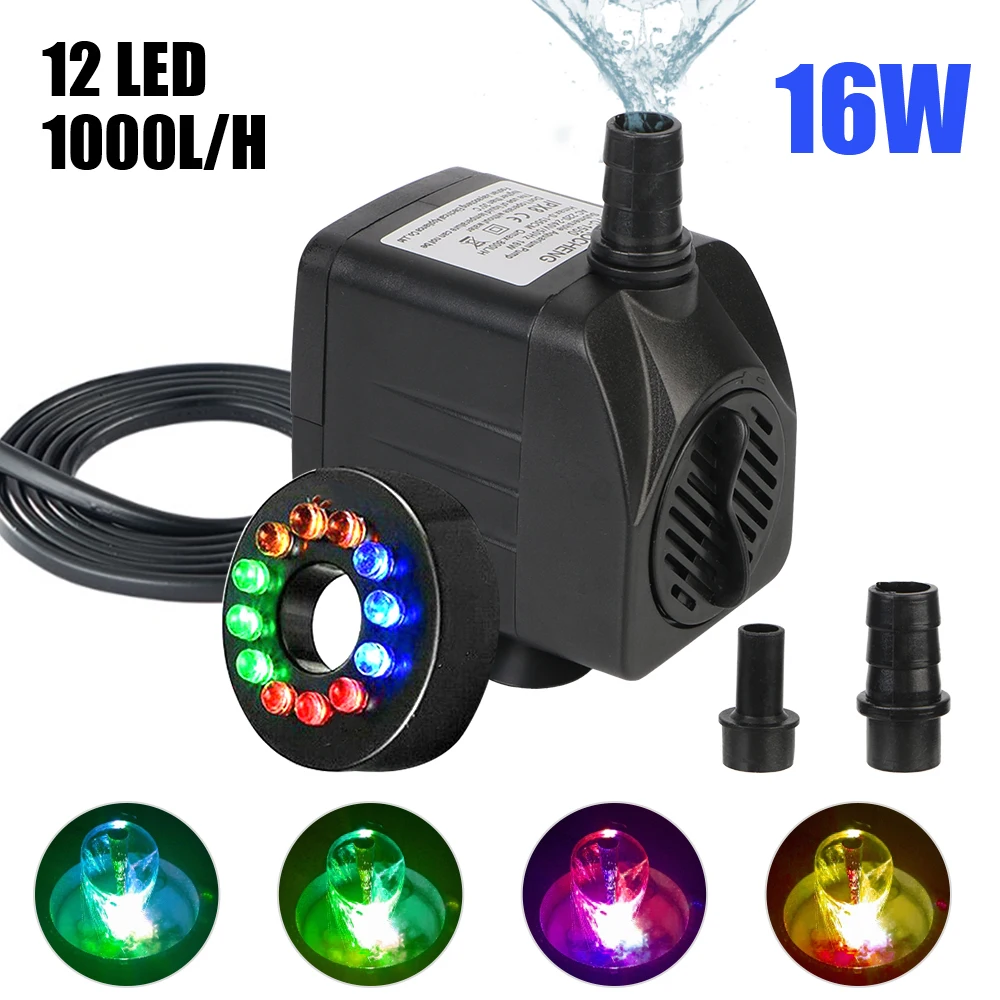 Water Pump Submersible Fountain with 12 LED Light for Garden Aquarium Fish Tank Bird Bath Fountain Ultra-quiet with Power Cord