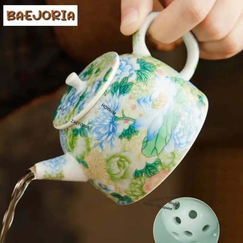 BAEJORIA 130ml Colour Enamels Green Peony Teapot Creative Tea Infuser Pot Tea Maker Kettle With Filter Tea Services Gift
