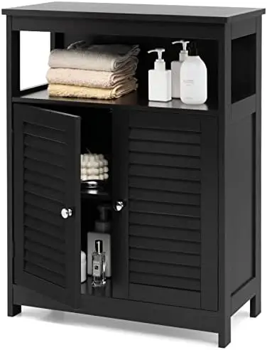 

Bathroom Floor Cabinet, Wooden Freestanding Cabinet with Double Shutter Doors & 3-Position Adjustable , Side Organizer Cab