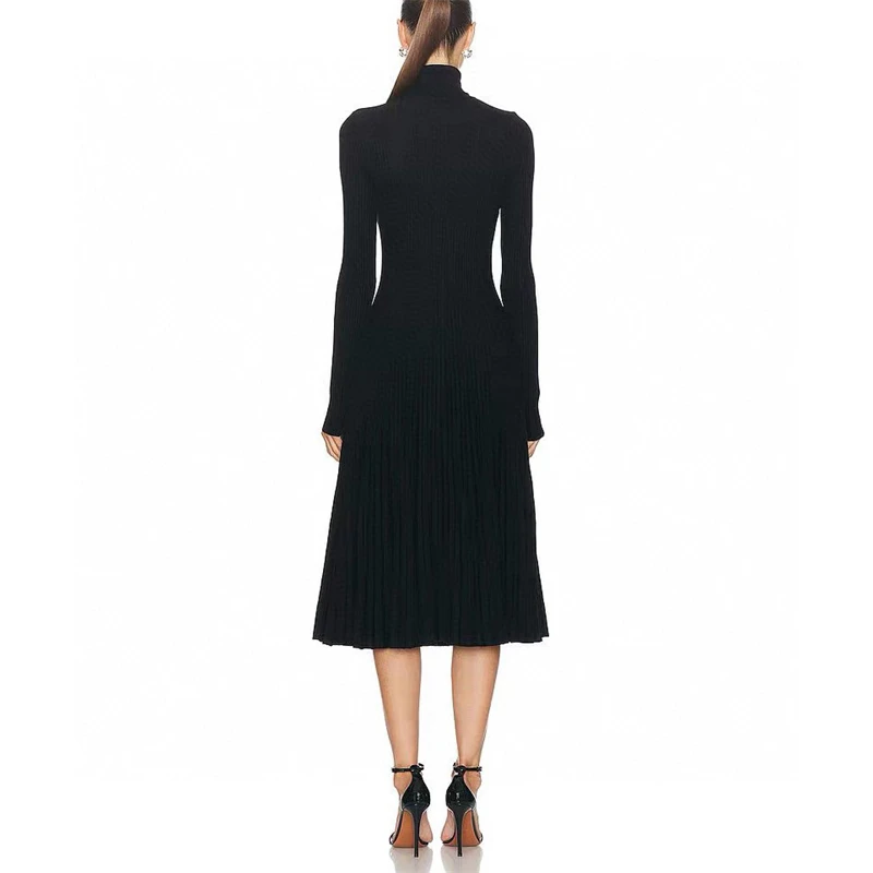 Autumn new women\'s high collar elastic slim fit long sleeve knitted dress y2k high quality zipper decoration black midi skirt