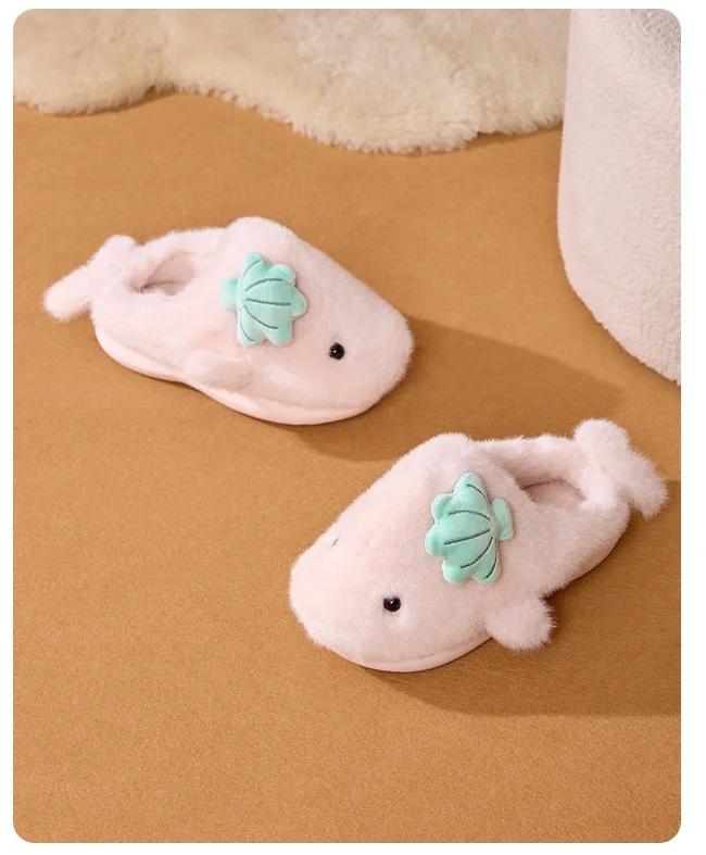 Neue Niedliche Plüsch-Delfin-Hausschuhe für Damen mit Muschel-Applikation, Gemütliche Offene Rückseite, Flauschige Indoor-Schuhe, Warme Winter-Hausschuhe für Frauen – Detail 9