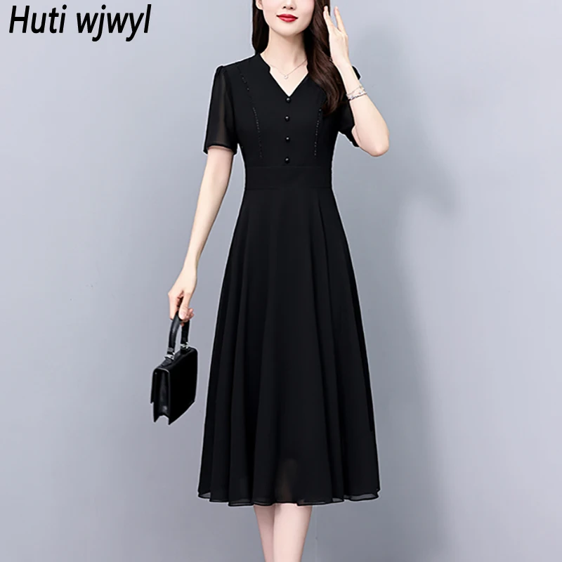 เดรสชีฟองลำลองสีพื้นสำหรับผู้หญิง ฤดูร้อน 2025 ชุดเดรสยาวสำหรับงานพรอมหรืองานปาร์ตี้สุดชิค ชุดเดรสทำงานทรงบอดี้คอนสไตล์วินเทจสำหรับสุภาพสตรี