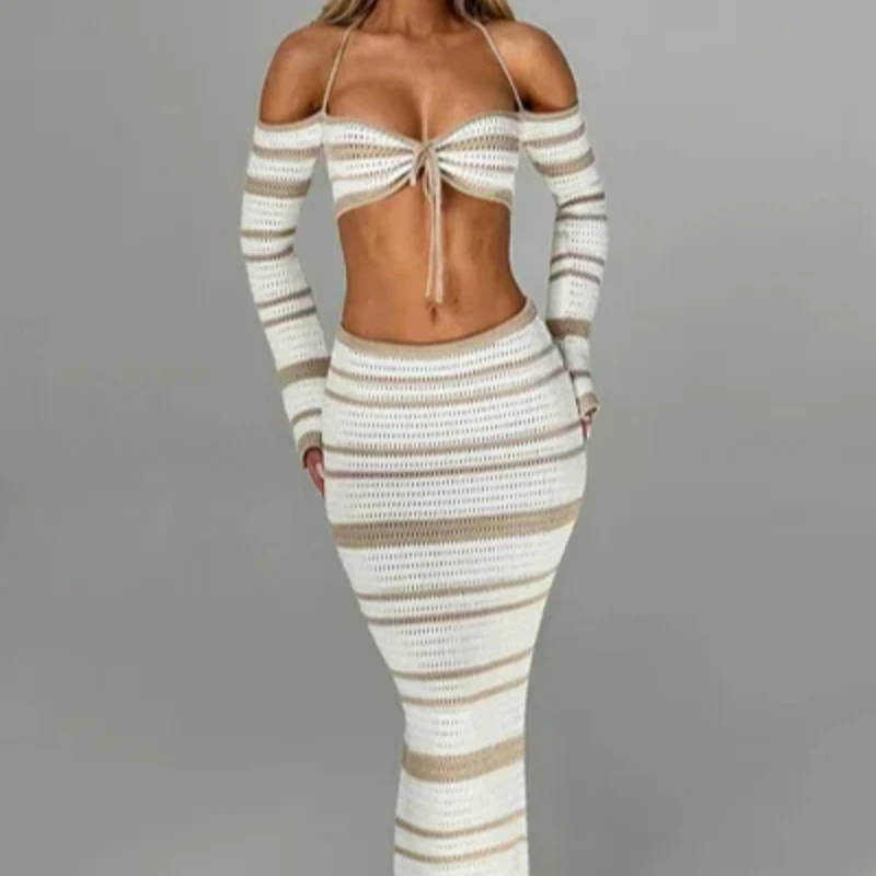 

Летний полосатый контрастный комплект с длинными рукавами и подвесным воротником, короткий топ, длинная юбка до половины тела, комплект из двух предметов, американский сексуальный женский комплект для горячих девушек