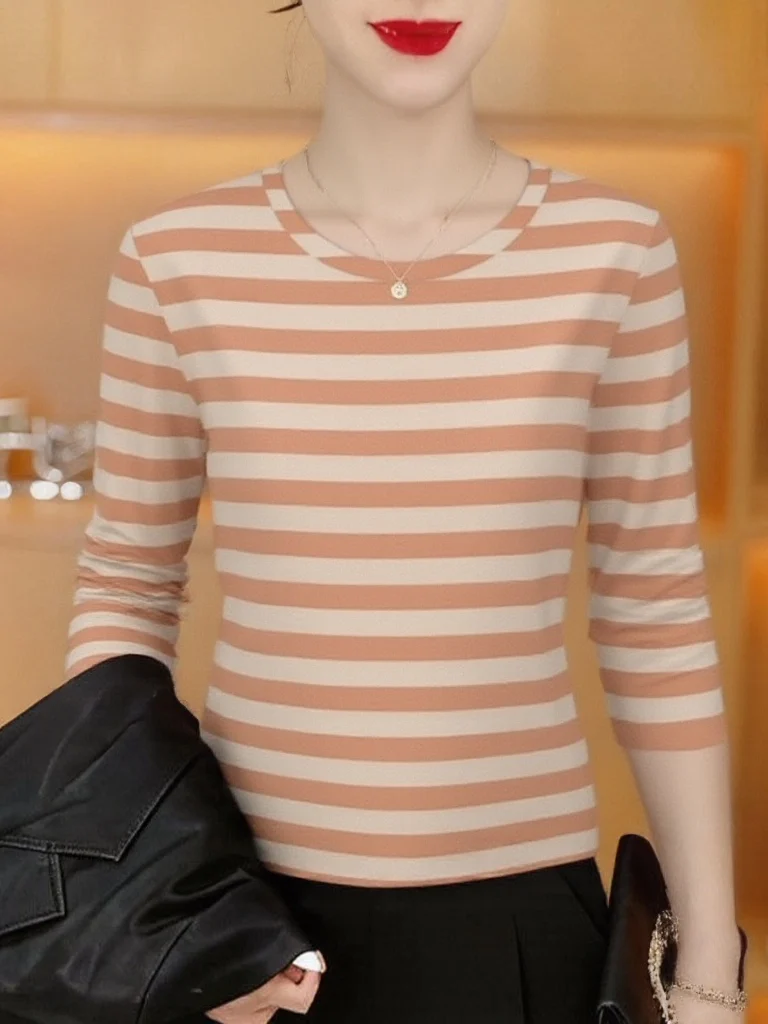 

New Comfortable Long Sleeve T-Shirt Women's Casual Loose plus Size Maternity Top Breathable Polyester Fiber round Neck Stripe...