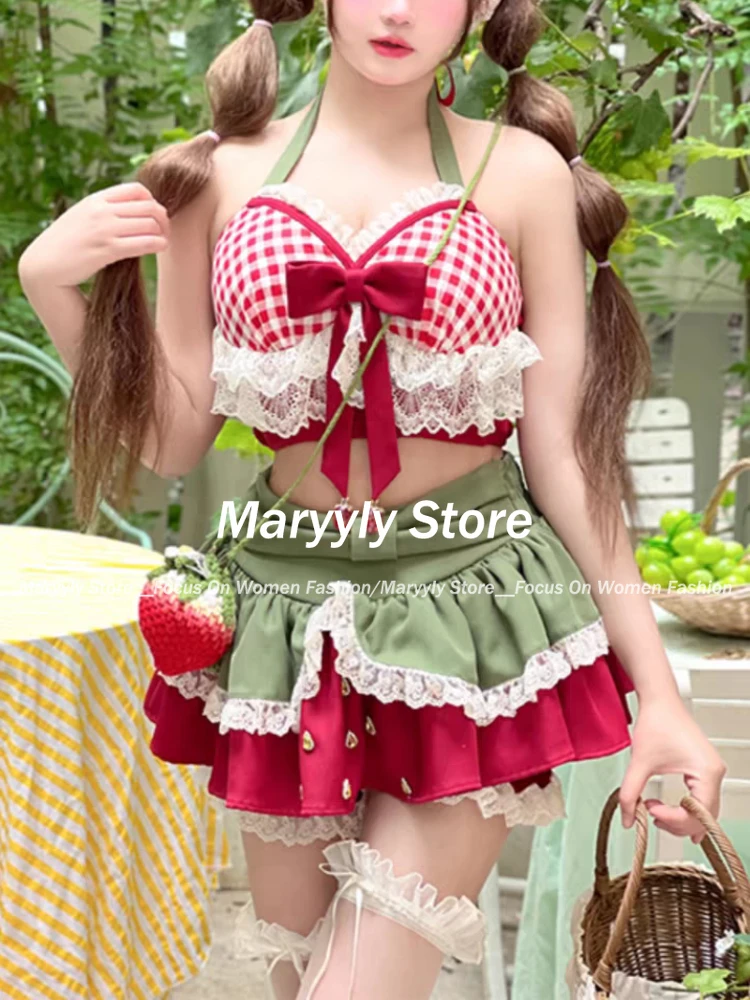 Summer Japanese Sweet Lolita 2 Piece Set Women Kawaii Bow Lace Halter Neck Crop Tops Mini Cake Skirts Female Beach Outfits New