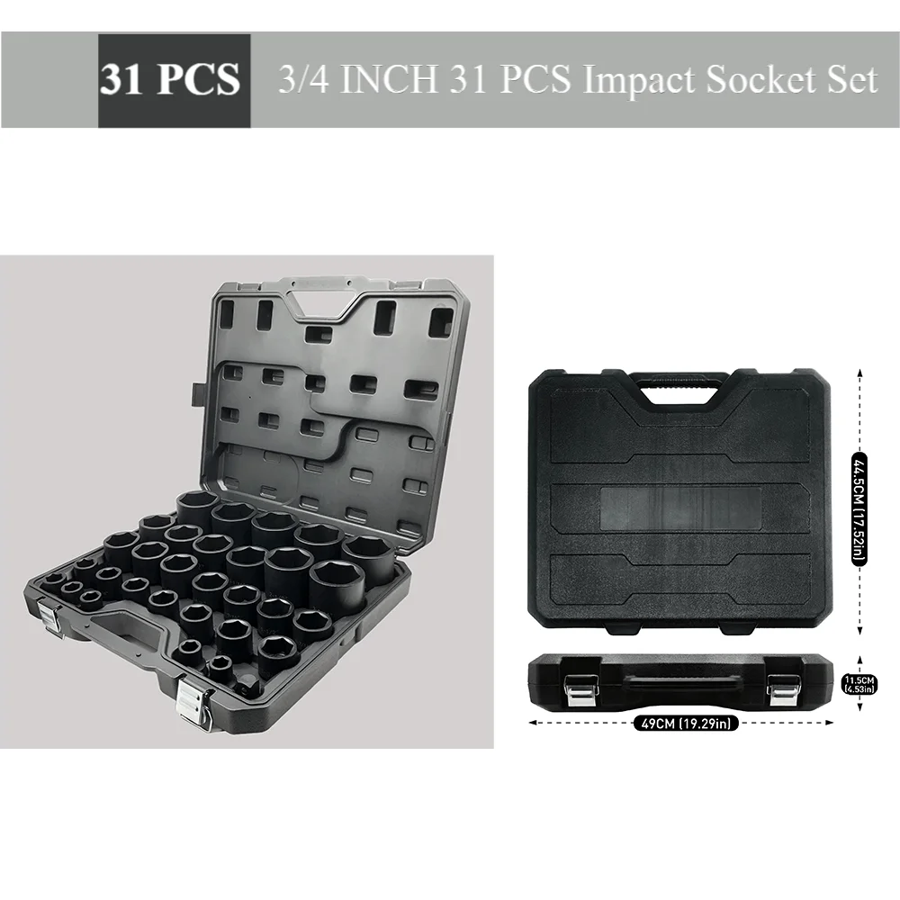 

31 шт. Набор ударных головок с приводом 3/4 дюйма — 6-точечная сталь CR-V, стандартный SAE от (11/16 до 2-1/2 дюйма) / футляр для хранения
