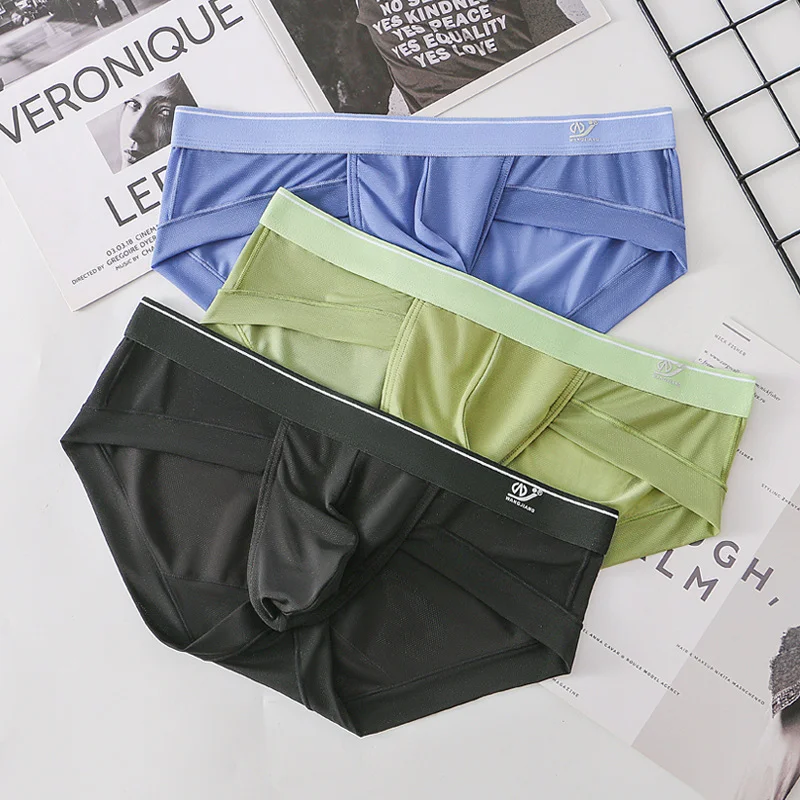 

3PCS/Lots Men Underwear Breathable Quick Drying Slip Homme Underpants Cuecas Bugle Pouch Briefs Mesh Sissy Silk Thin Panties 3XL