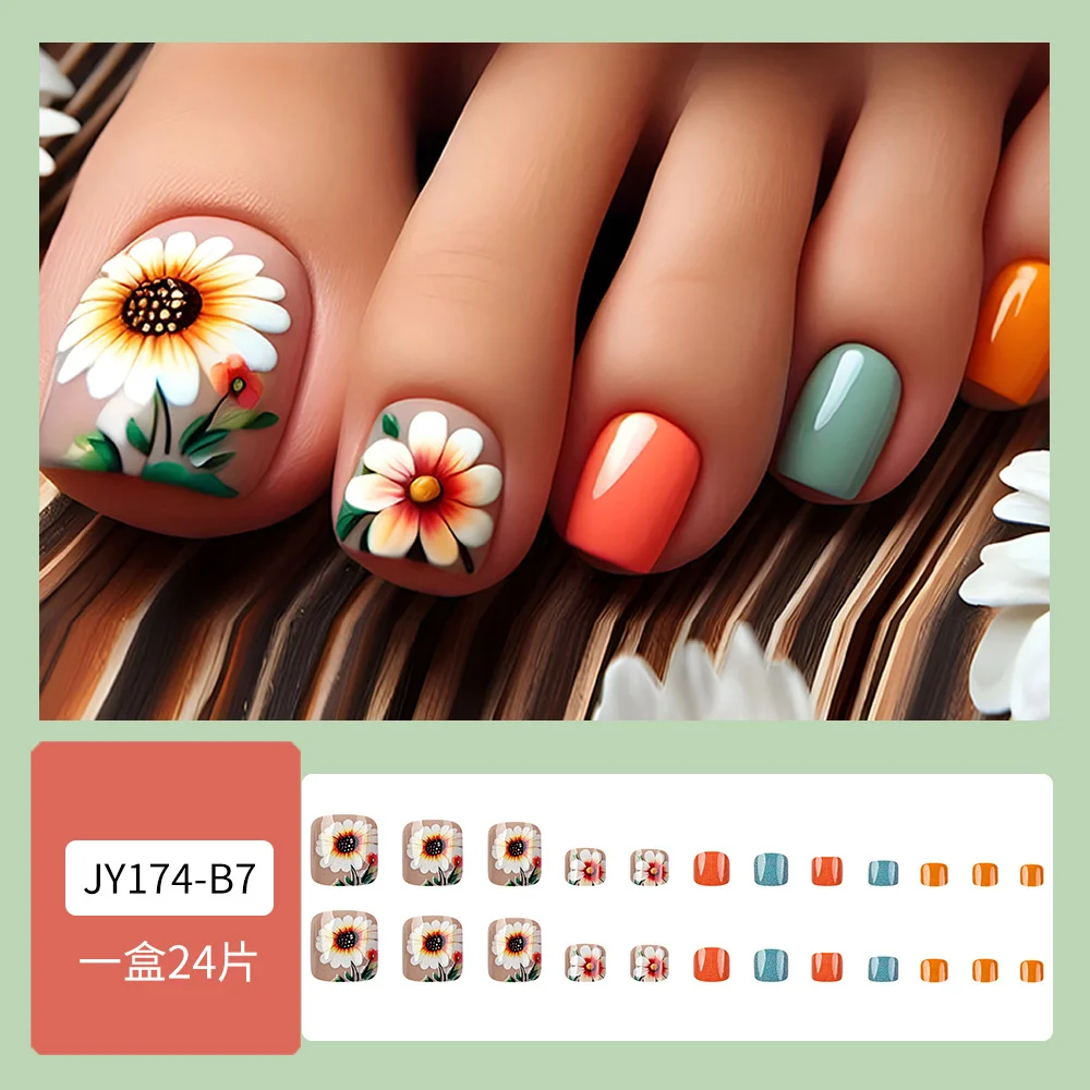 24 stks/set korte vierkante teennagels levendige zonnebloemen nep nageltips druk op valse nail art kit