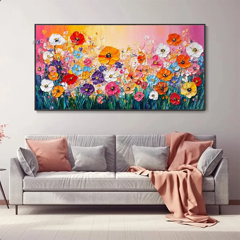 Handmade Yellow Red White Flowers Knife Thick Oil Painting On Canvas Abstract Purple Tree Landscape Artwork Colorful Wall Decor