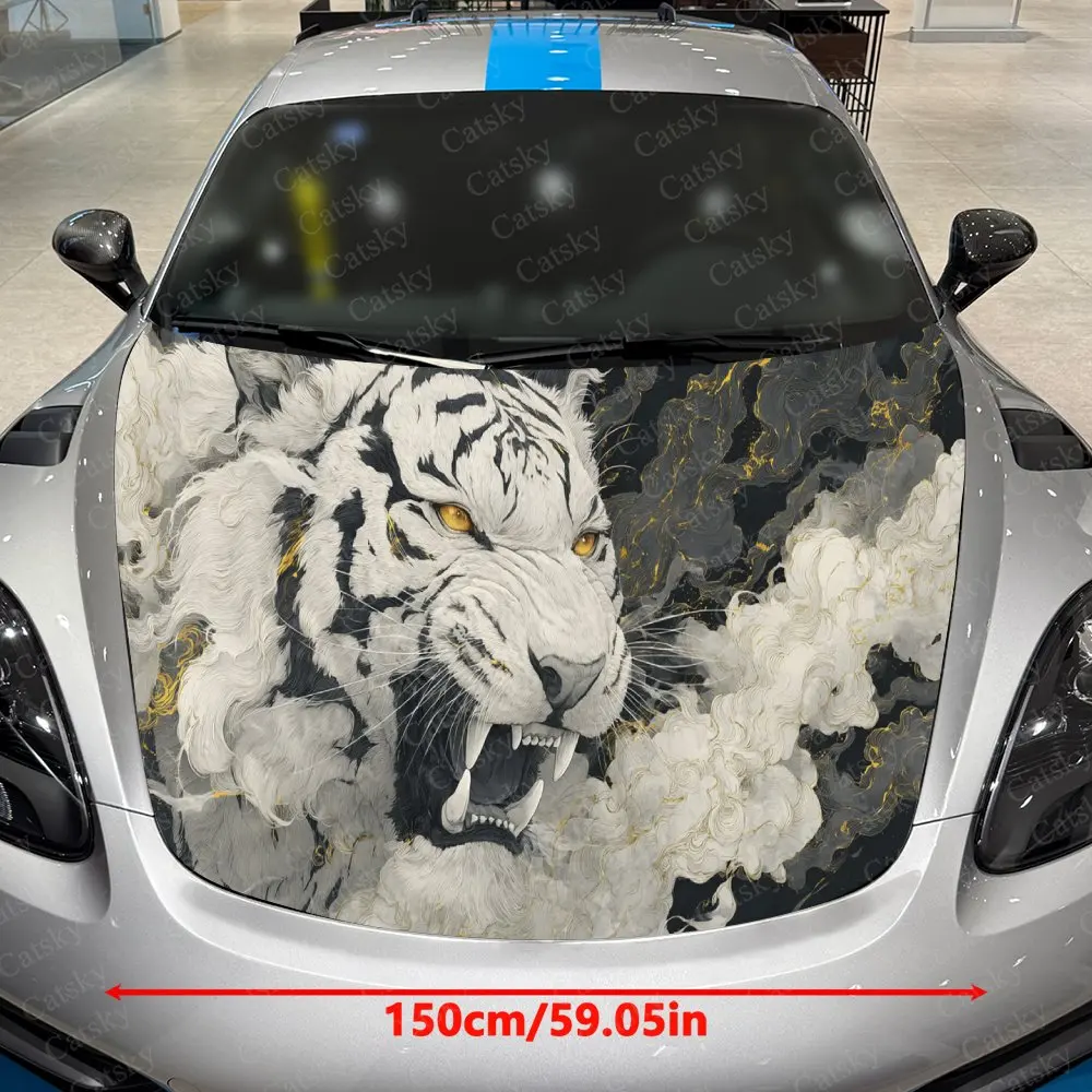Ink Background & Golden Mist Tiger Car Vinyl Wrap, PVC Waterproof Car Hood Sticker, Self-Adhesive Scratch-Resistant Stickers