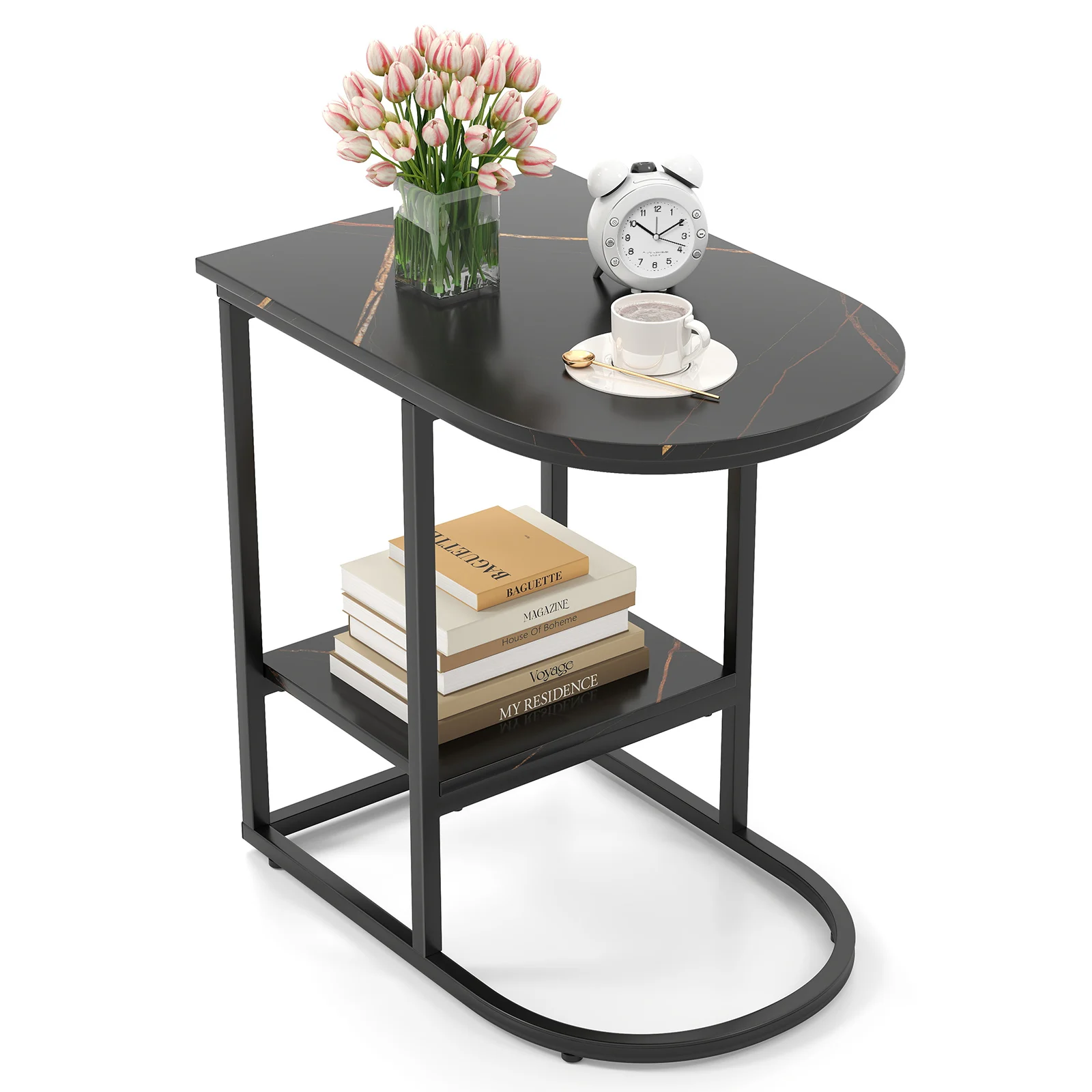 

C-Shaped Side Table Compact 2-tier Storage End Table for Small Space White
