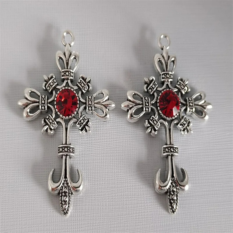 4pcs 55*37mm Ornate Gothic Cross Pendant Red Crystal Cross Pendant Designer Charms Fit Jewelry Making DIY Jewelry Findings