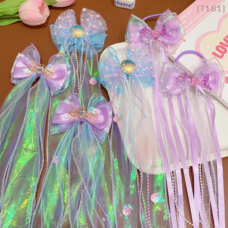 

[E] Mermaid Headwear, Children's Princess Bow, Hairpin, Girls' Floating Yarn, Braided Hair Clip, Mermaid Maiden Hair Accessory