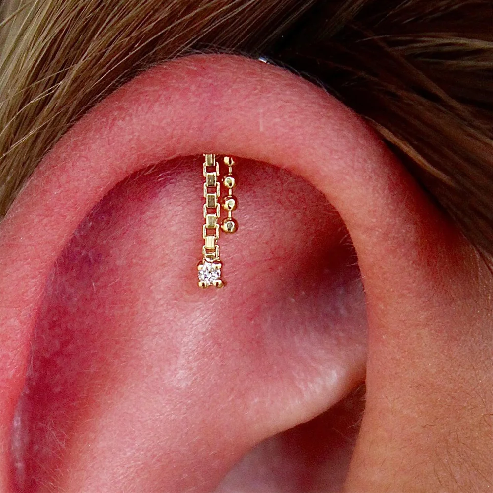 Aide 1PC 925 Sterling Silver Love Heart Star Chain Tassel Piercing Threaded Blinging Zircon Stud Earring For Women Jewelry Gifts
