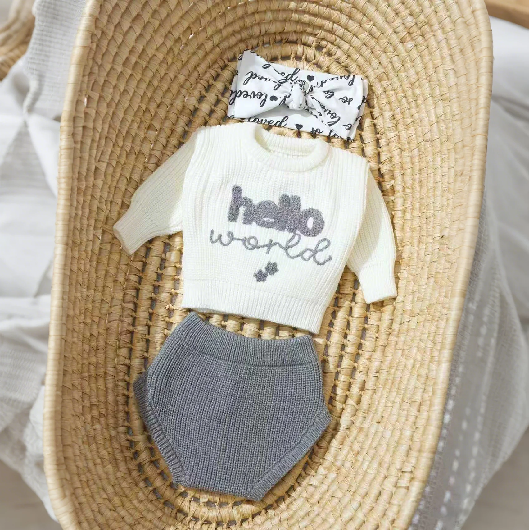 Ylsteed Hallo borduurwerk pasgeboren fotografie outfits gebreide baby trui met luierbroek met strik hoofdband baby rekwisieten-HD