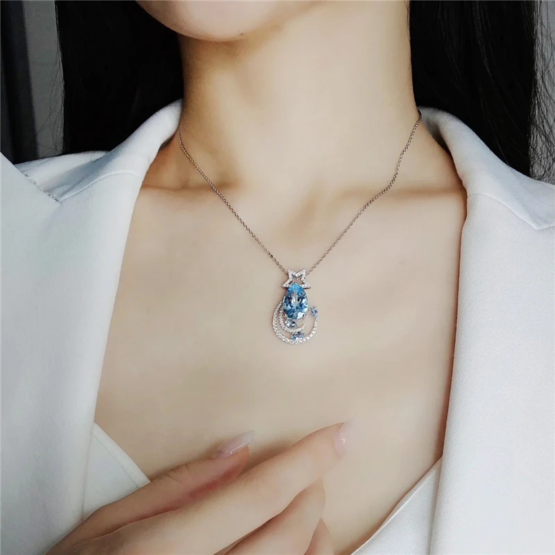 French light luxury fresh blue drop-shaped gemstone star full diamond necklace romantic dating sterling silver clavicle chain