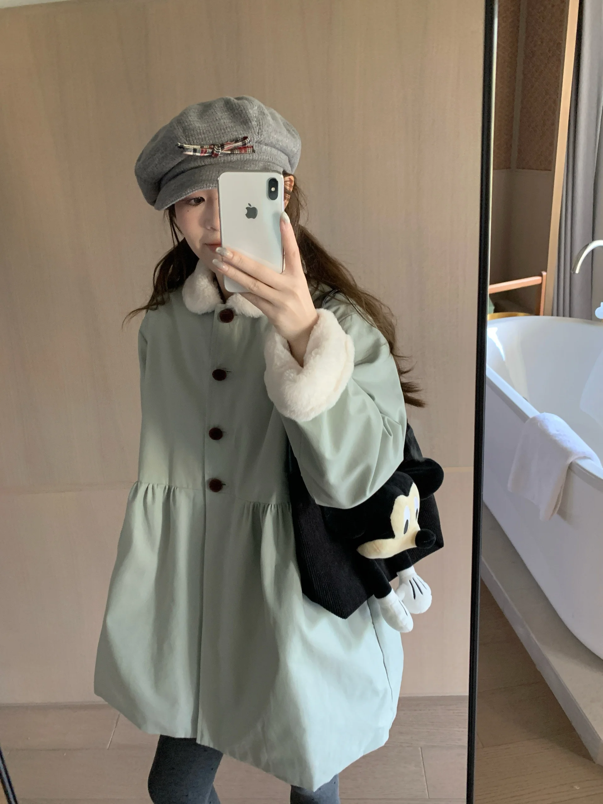 

Yoursjin Autumn Winter Faux Rabbit Velvet Coat Women's Sweet Sle Long Sve Middle Length Single Button Closure Doll Collar