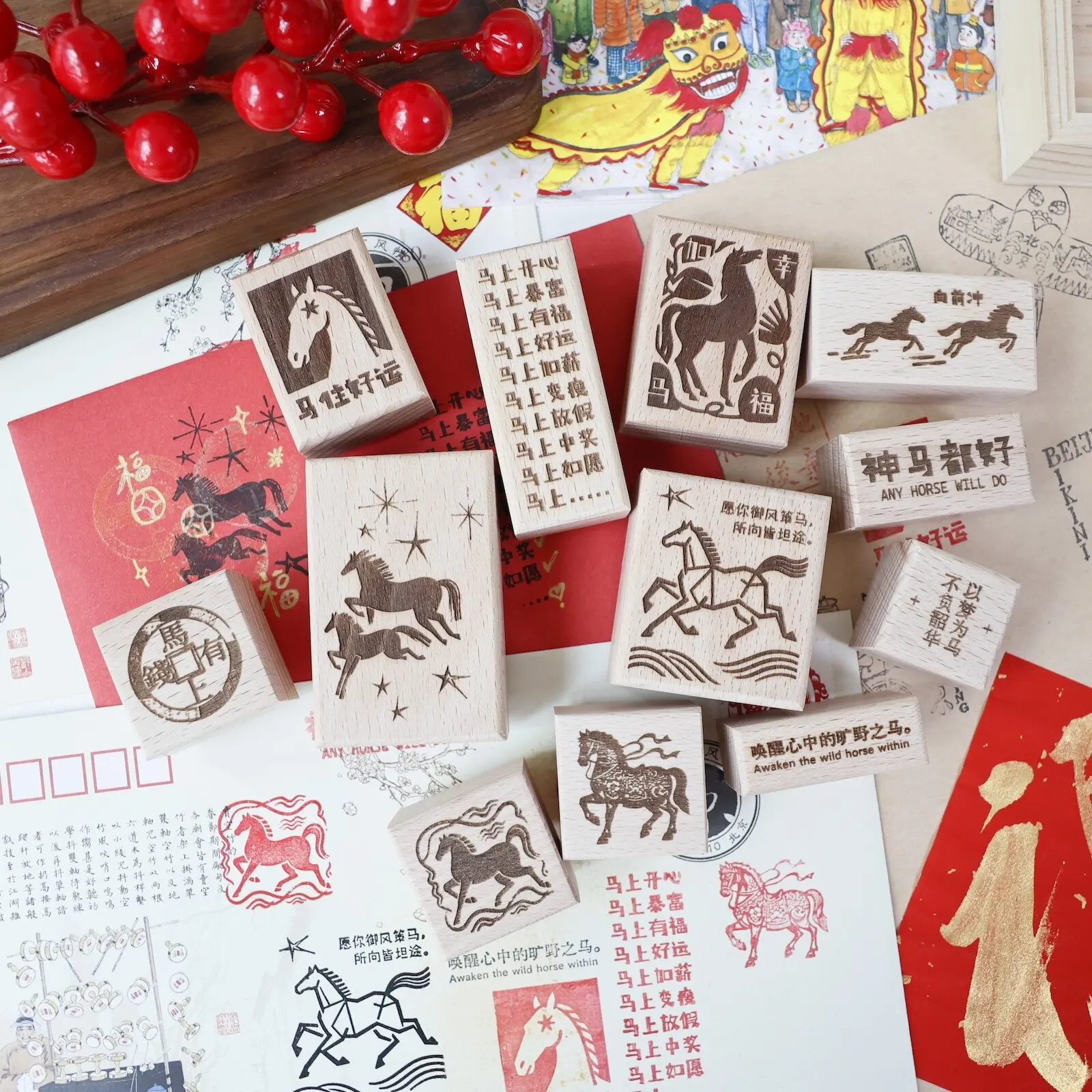 Two Raccoons Vintage Horse Year Instant Success Wooden Rubber Stamp for DIY Scrapbooking Photo Album Card Making