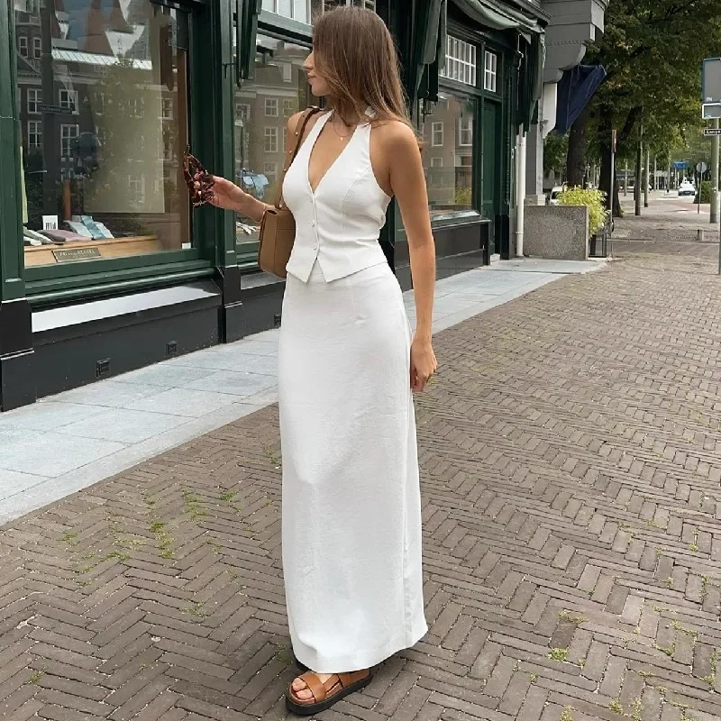 

Women 2 Piece Summer Outfits Solid Color Button Halter Tops and Slit Long Skirt Set for Streetwear y2k Aesthetic Clothes