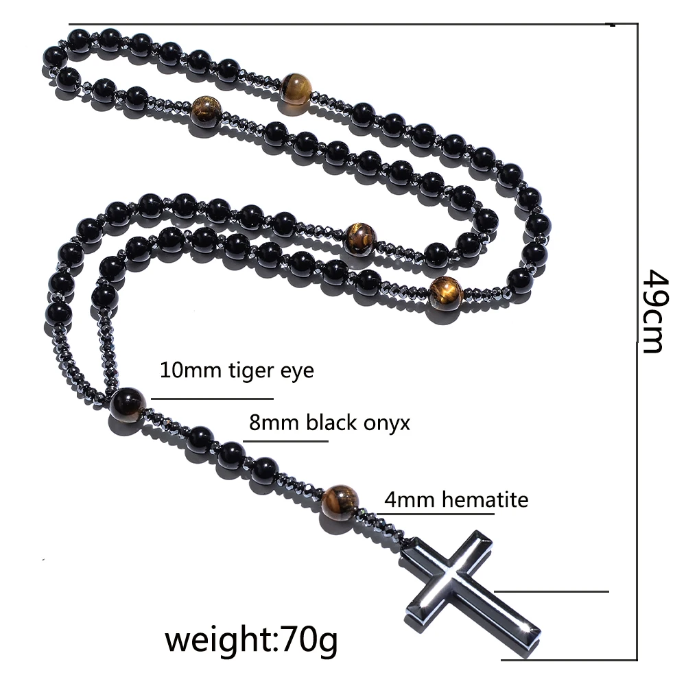 Black Onyx Yellow Tiger Eyes Beaded Catholic Christian Cross Pendant Necklace Mala Meditation Jewelry Men and Women Rosary